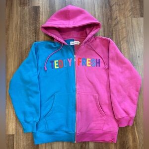 Teddy Fresh Unisex Pink and Blue Hoodie, Full Zip - Adult Size L